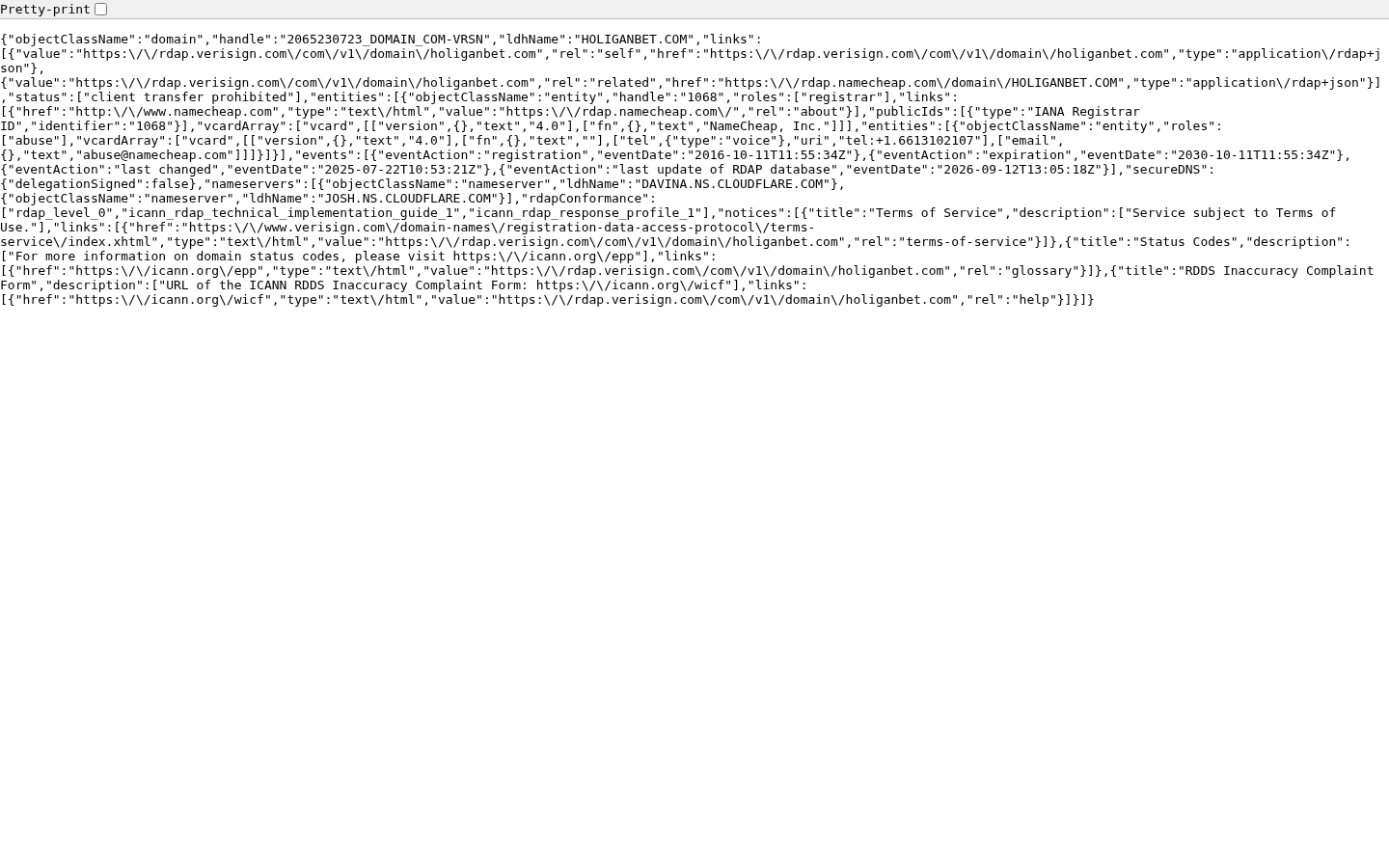 Dated Verisign RDAP record for holiganbet.com